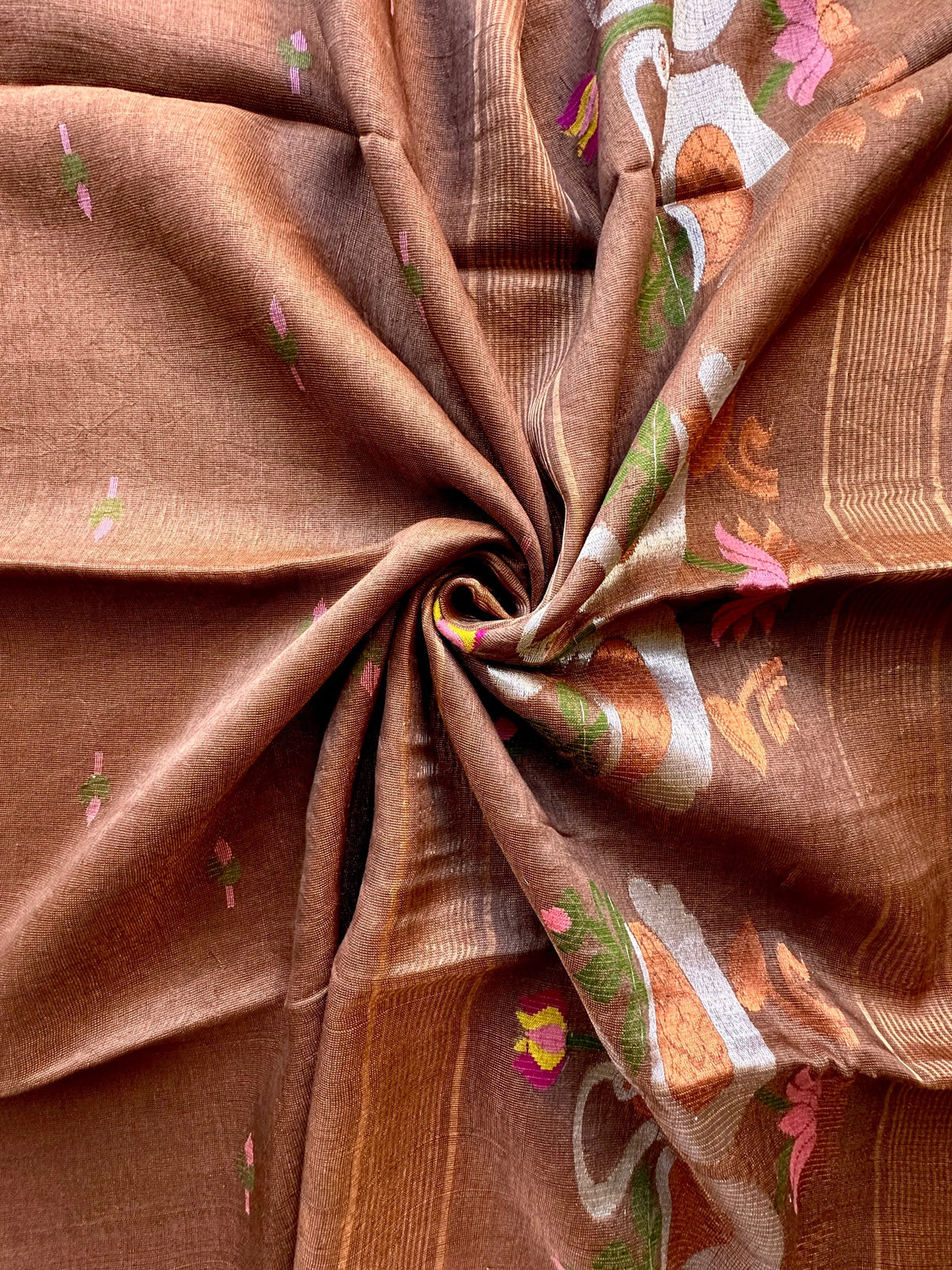 Brown Fancy Cotton Tissue Saree ( Linen Texture)