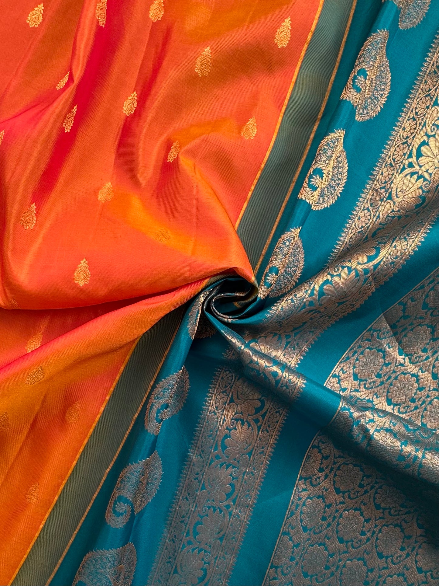 Orange-Rama Green Gadwal Pure Silk Saree