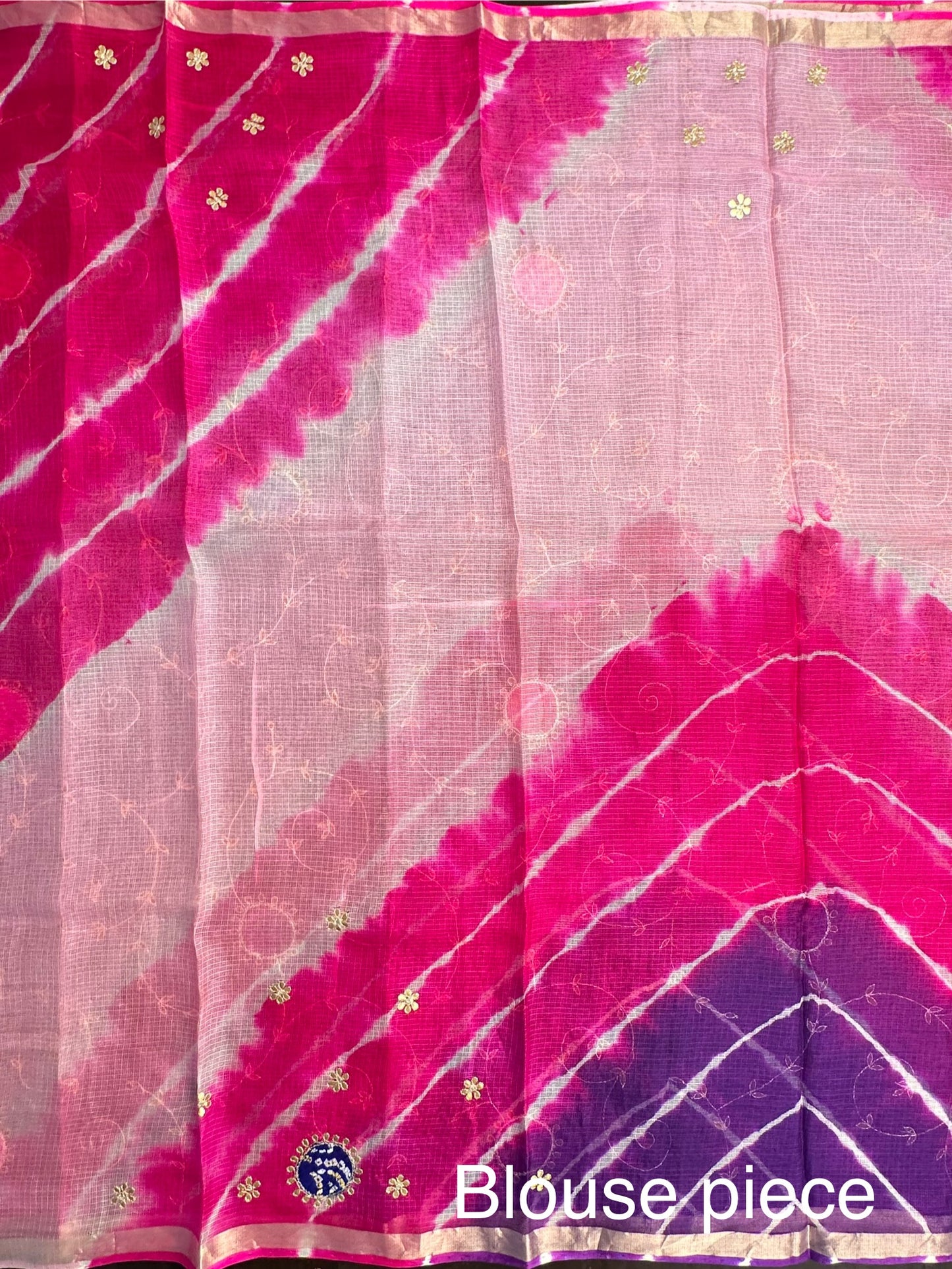 Pink-Rani Kota Doria Pure Silk Saree With Gota Patti Work