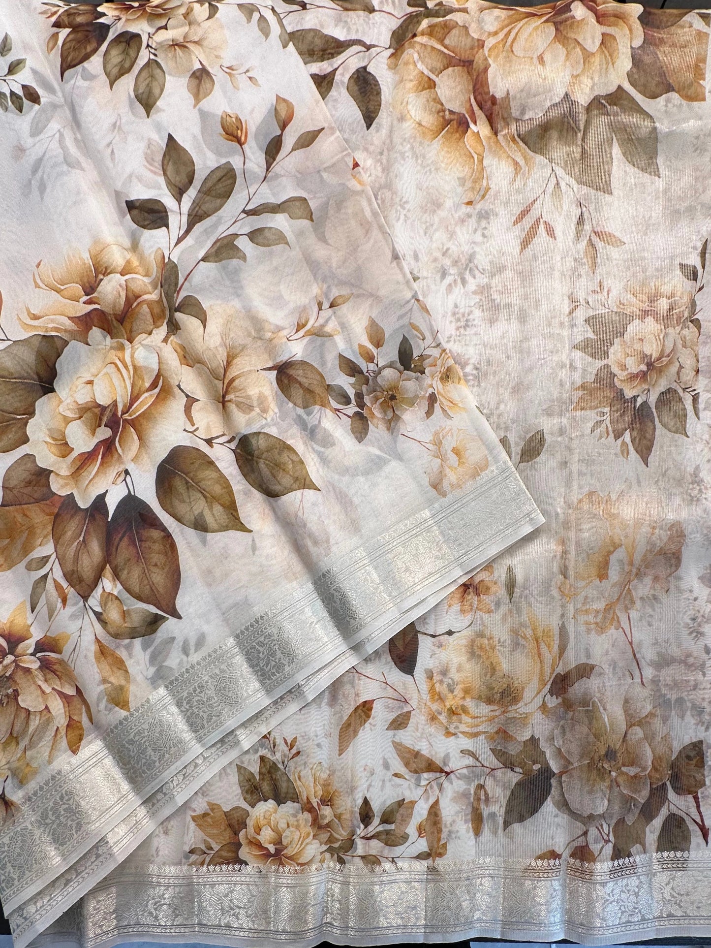 Off white Floral Print Organza Silk Saree
