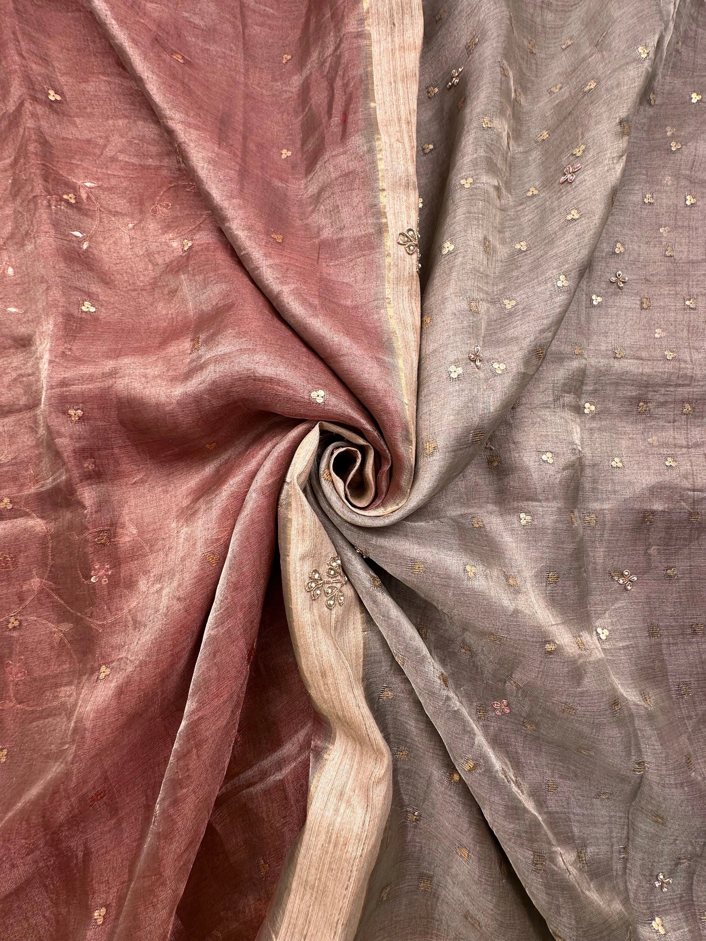 Dusky Pink- Silver Tissue Silk Saree with Hand Work