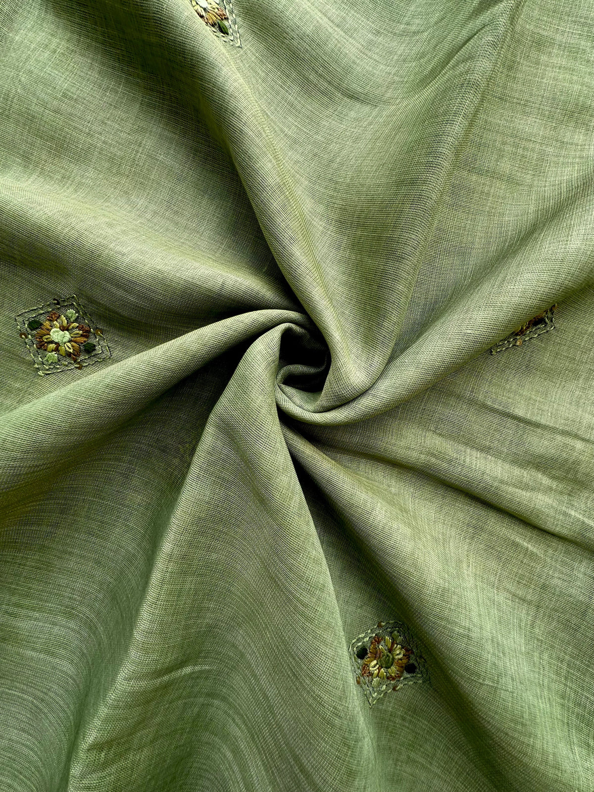 Green Blended Cotton Saree with Hand Embroidery