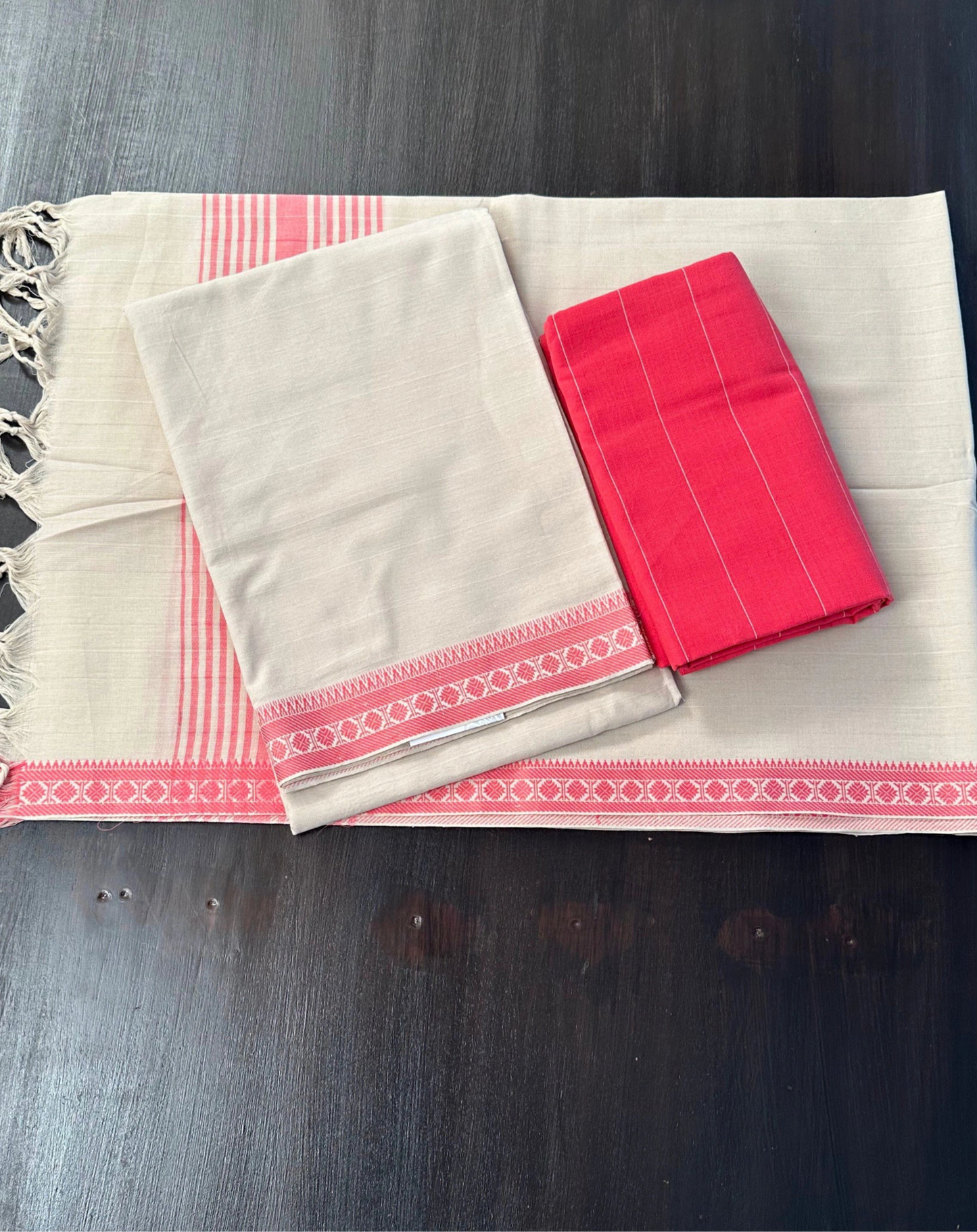 Beige-Pink Mangalgiri Cotton Unstitched 3-Piece Suit