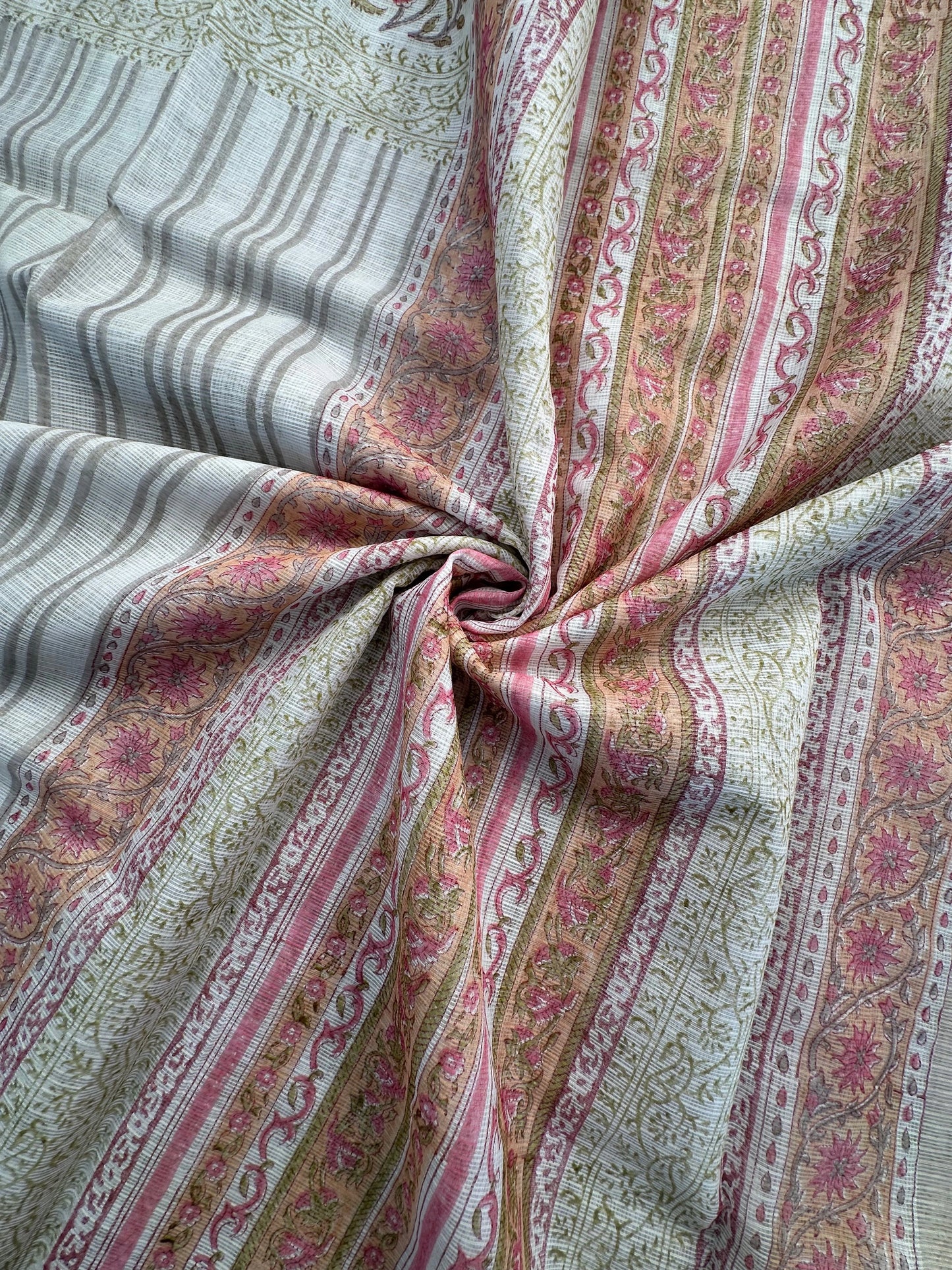 Off White-Grey Block Printed Kota Doria Cotton saree