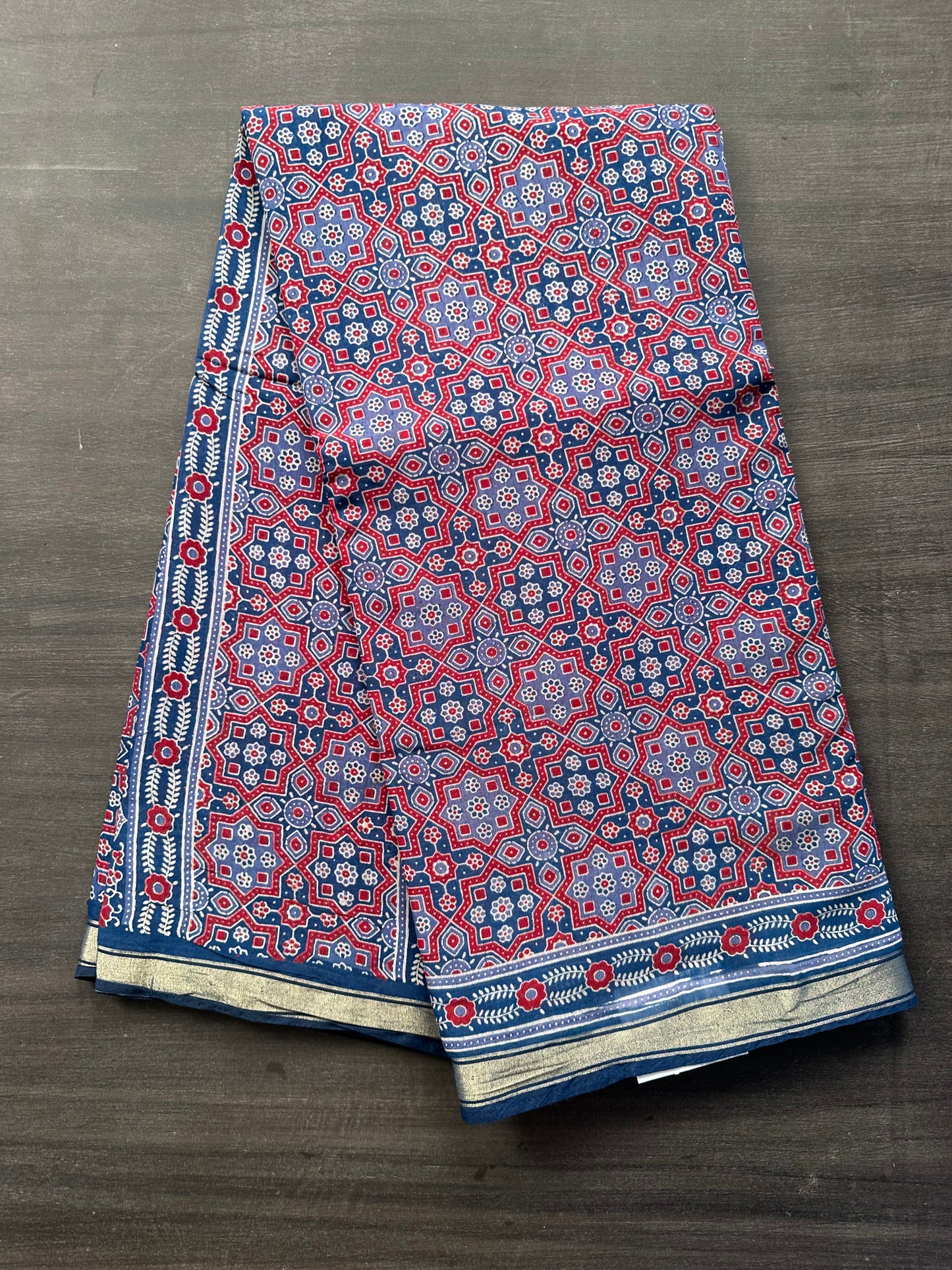 Navy Blue Ajrakh Print Cotton Blend Saree