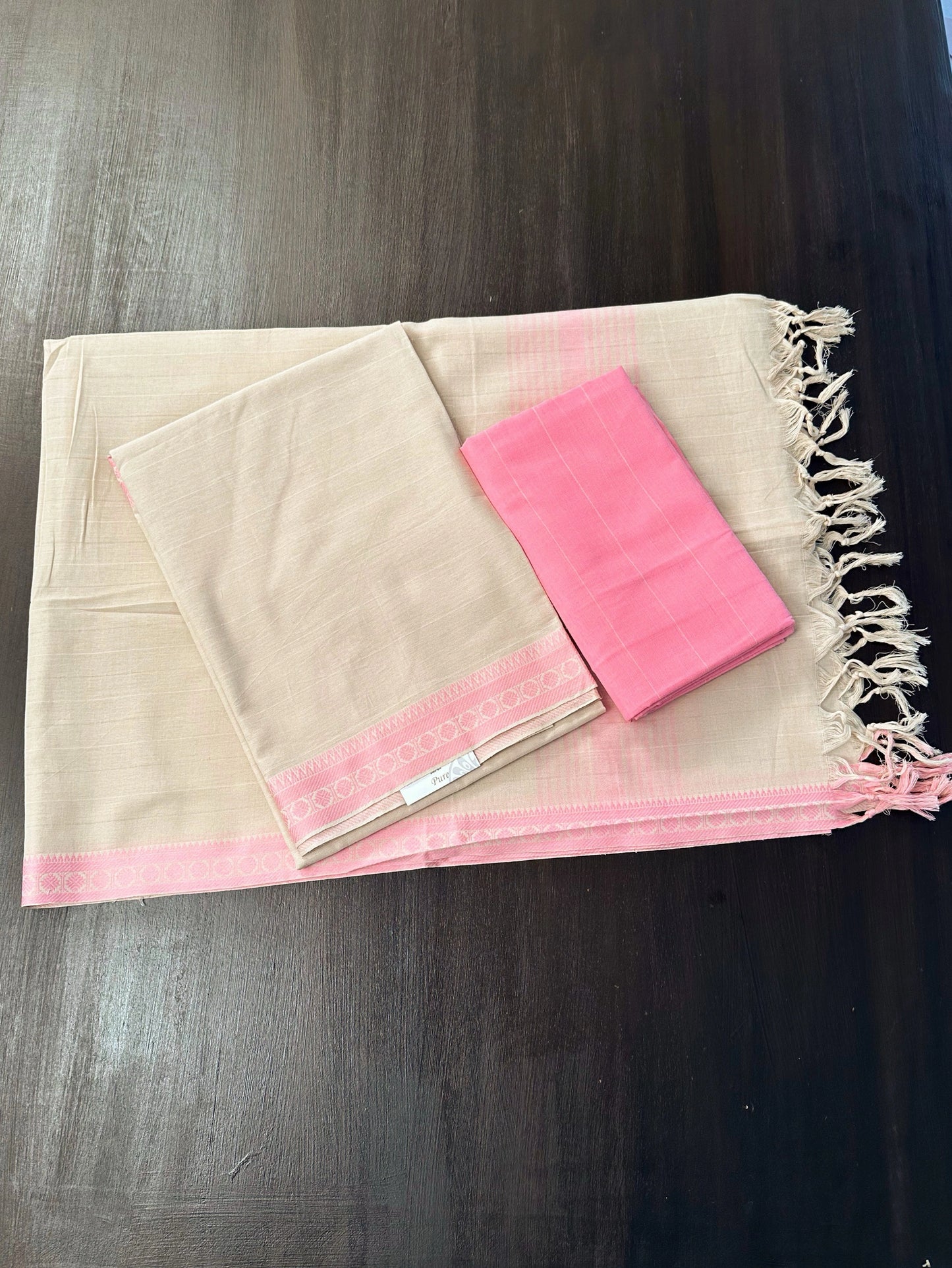 Beige -Pink Mangalgiri Cotton Unstitched 3-Piece Suit