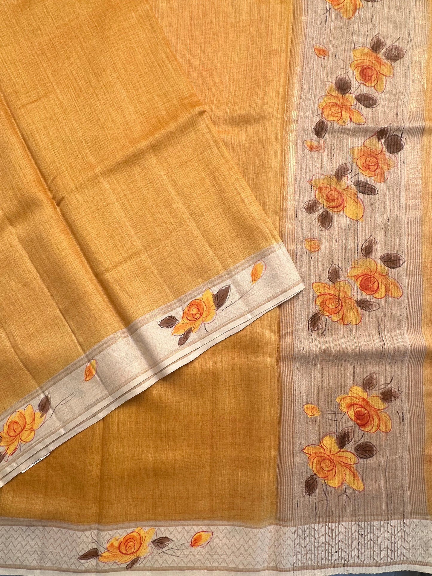 Mustard Hand Print Muga Silk Saree