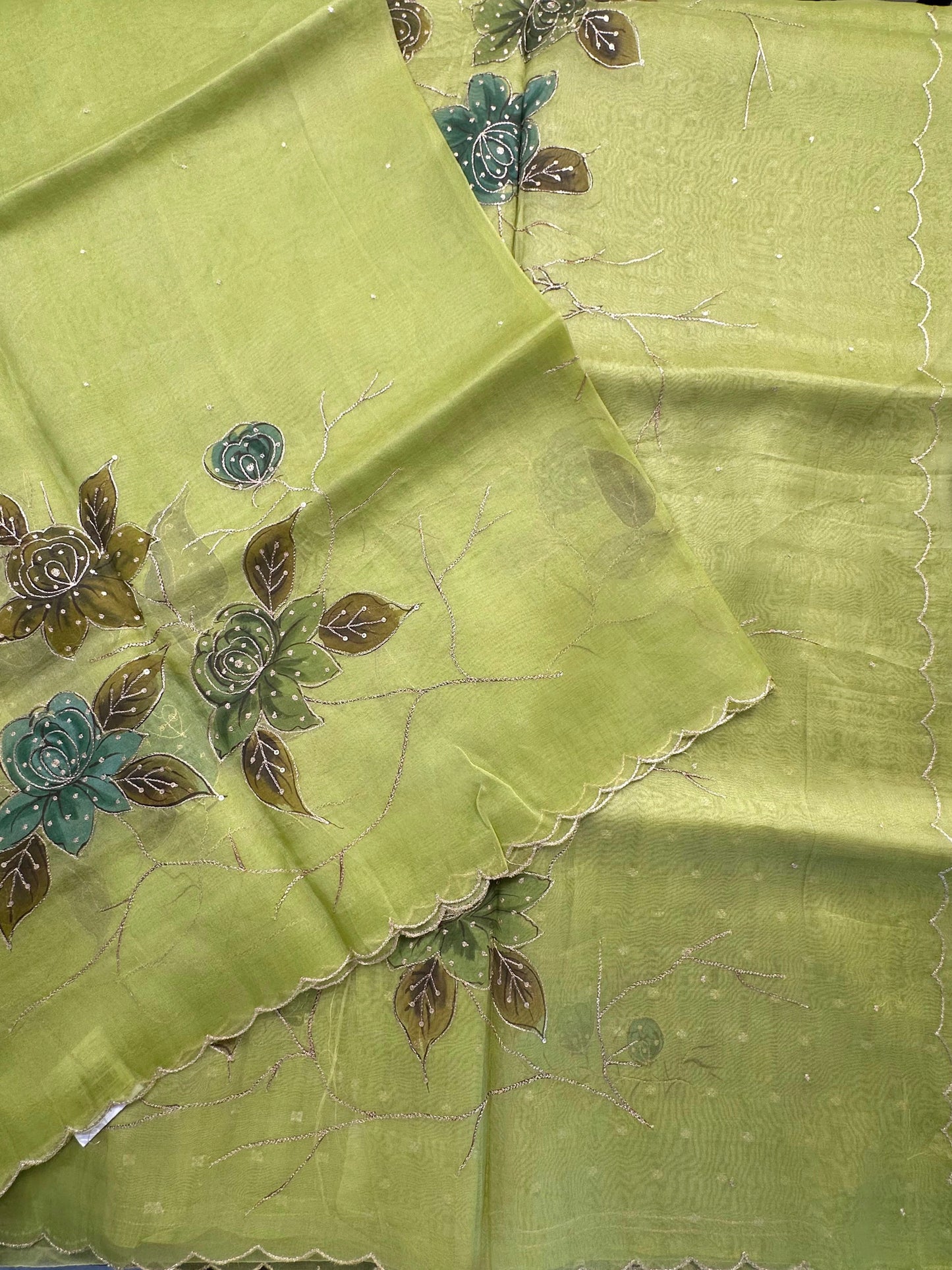 Green Floral Print Organza Saree