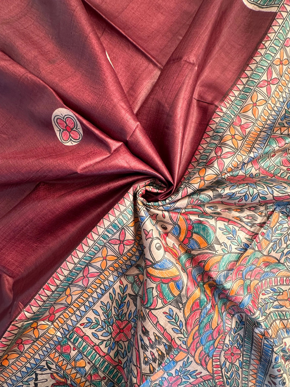 Maroon Madhubani Art Pure Tussar Silk Saree