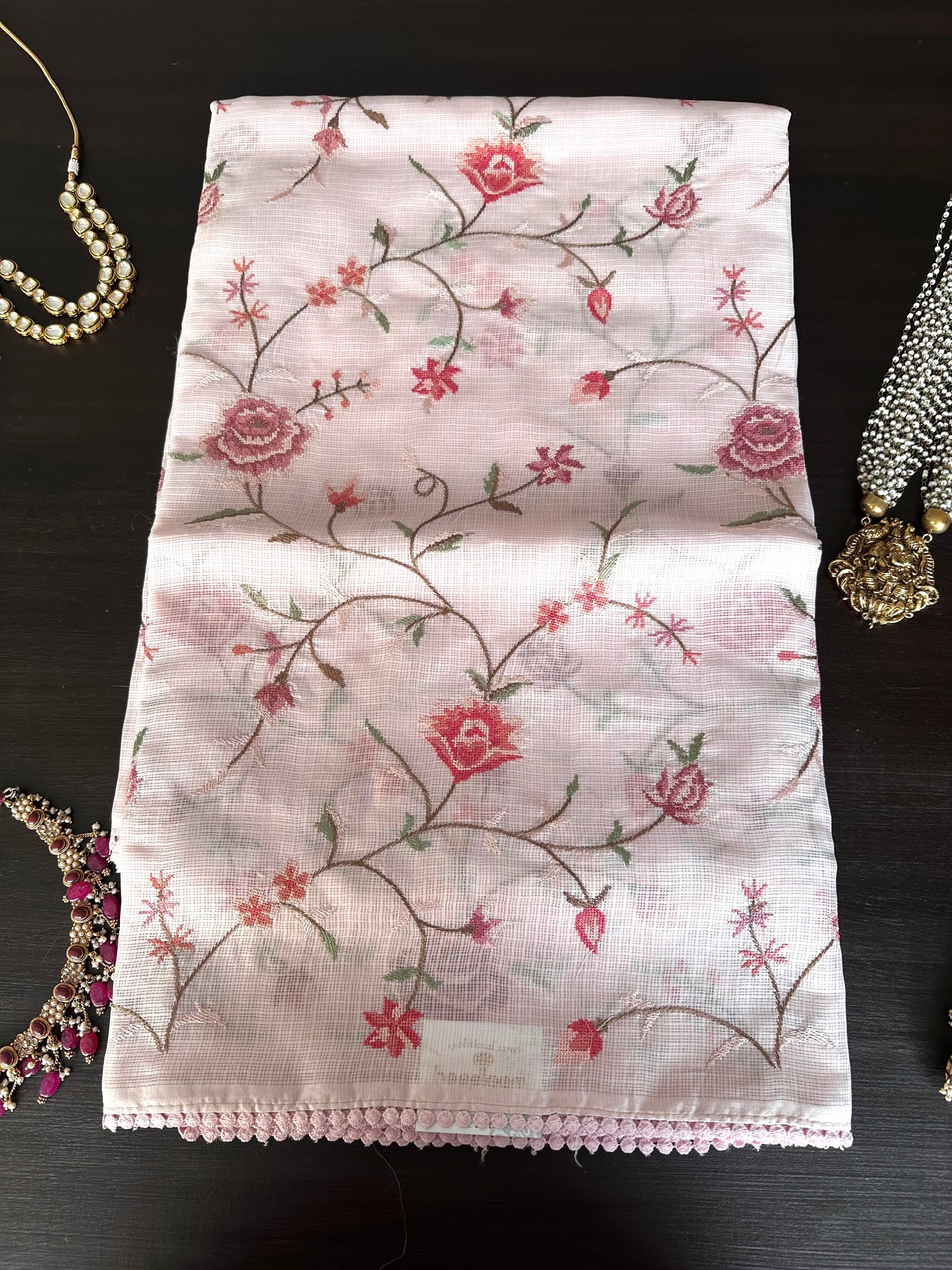 Off White Kota Doria Fancy Cotton Saree