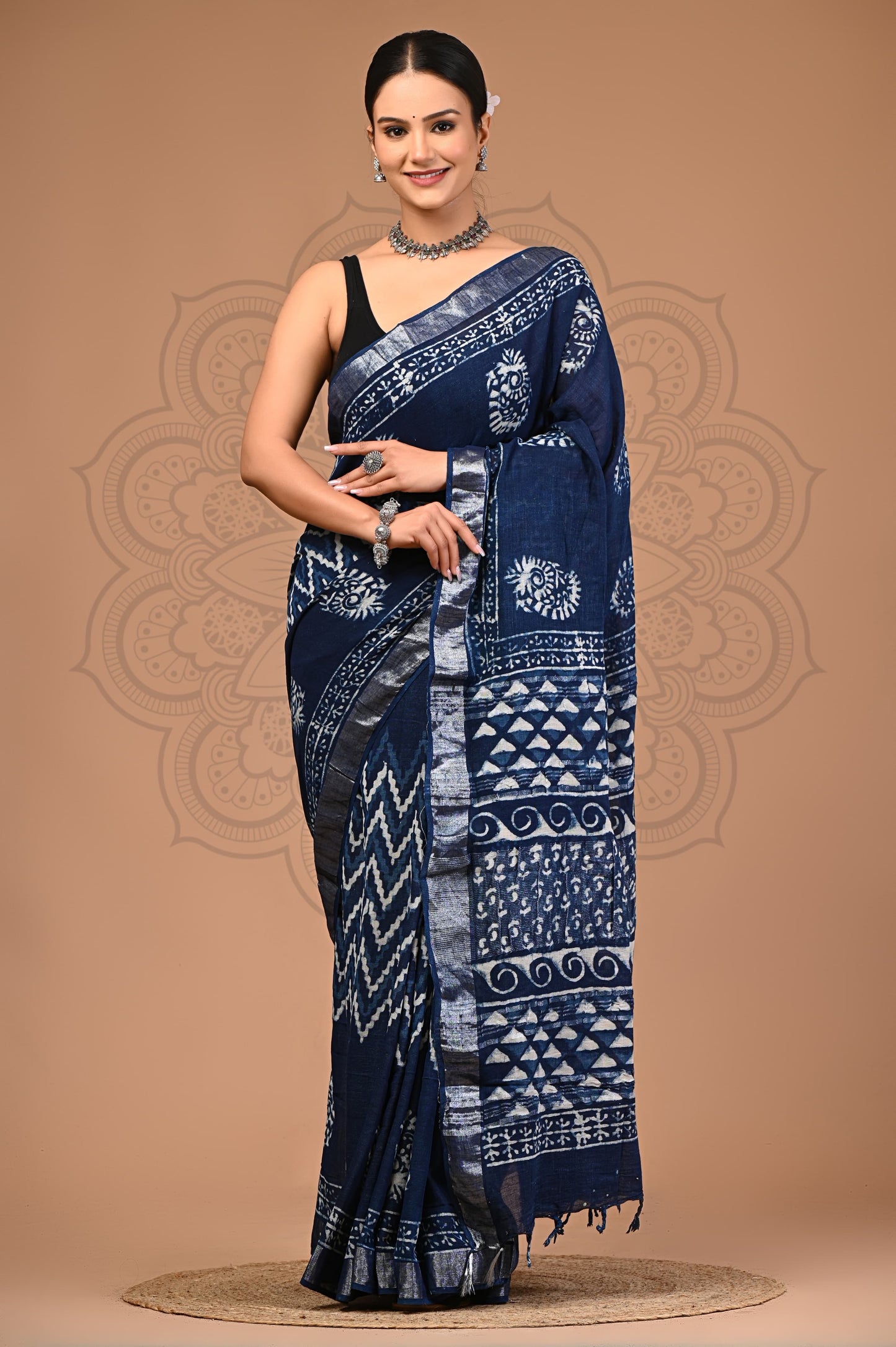 Indigo Hand Block Print Linen Saree