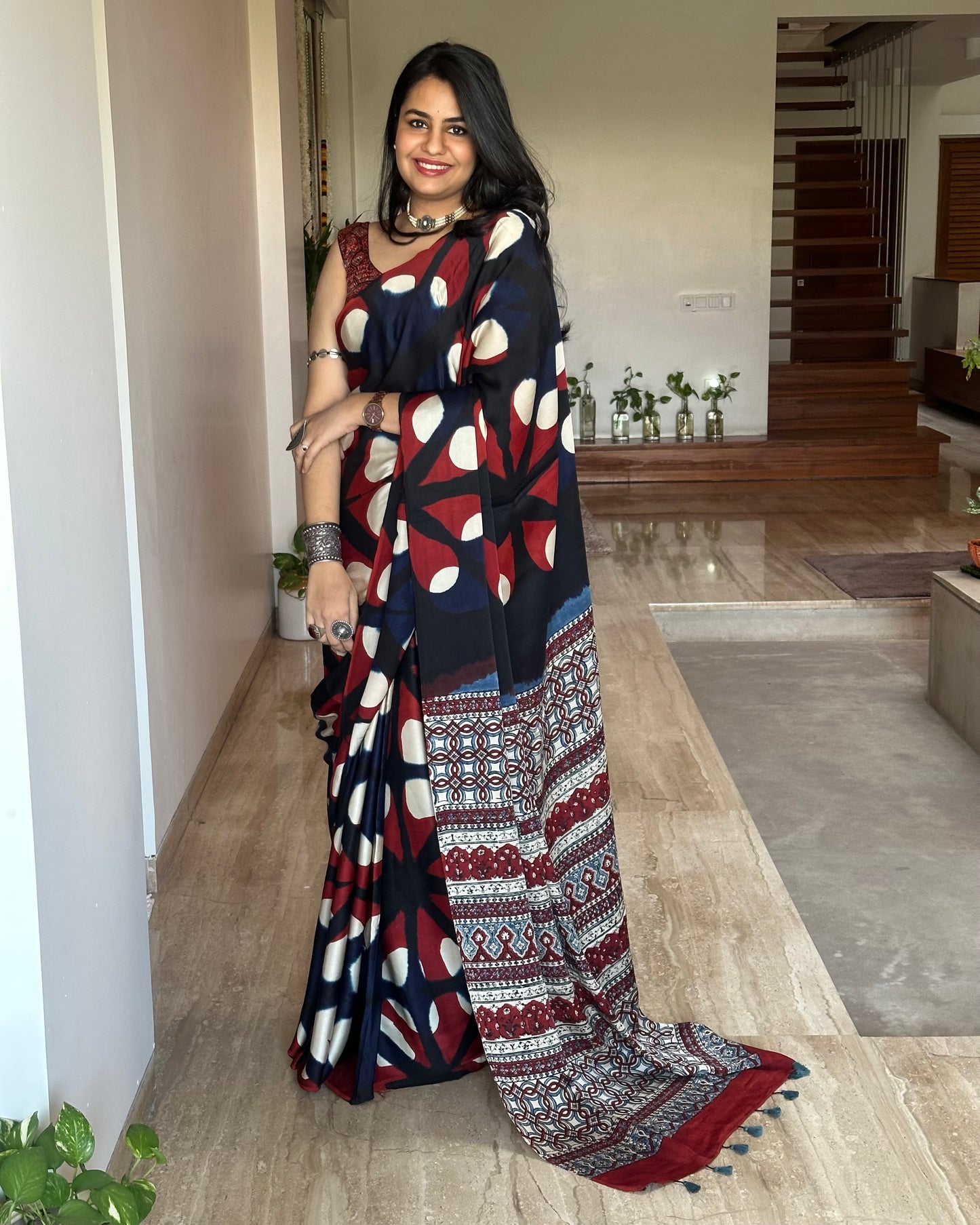 Royal Indigo-Red Ajrakh Blended Modal Saree