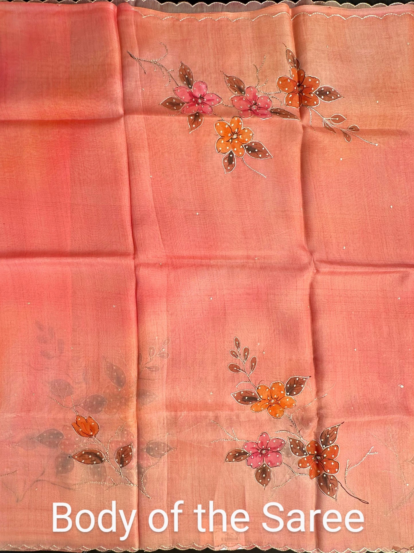 Peach Floral Print Organza Saree