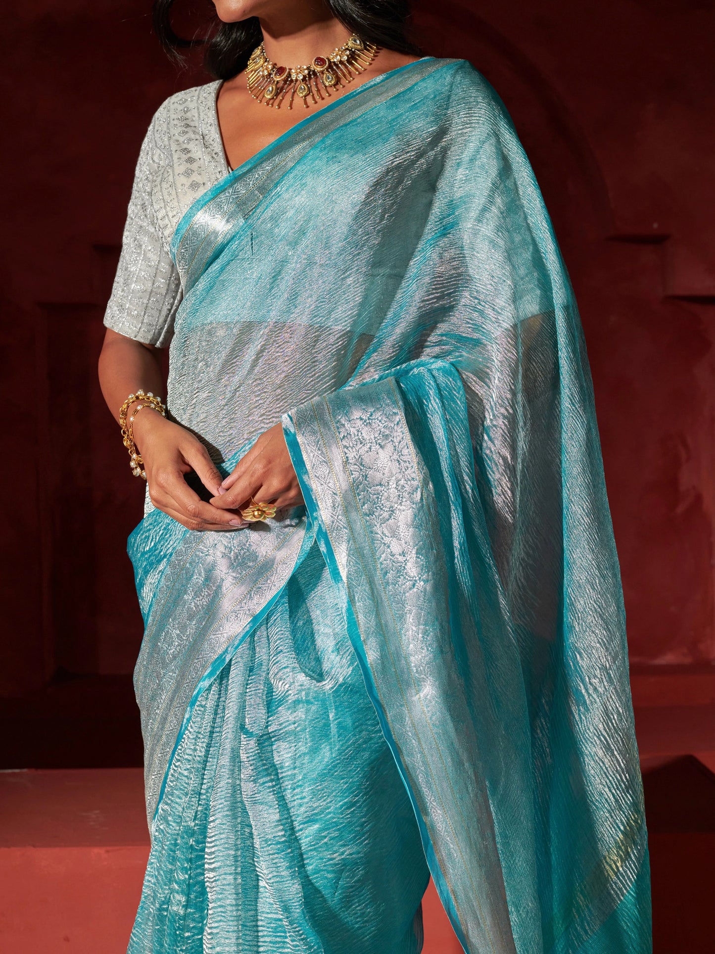 Firozi Pure Crush Tissue Saree
