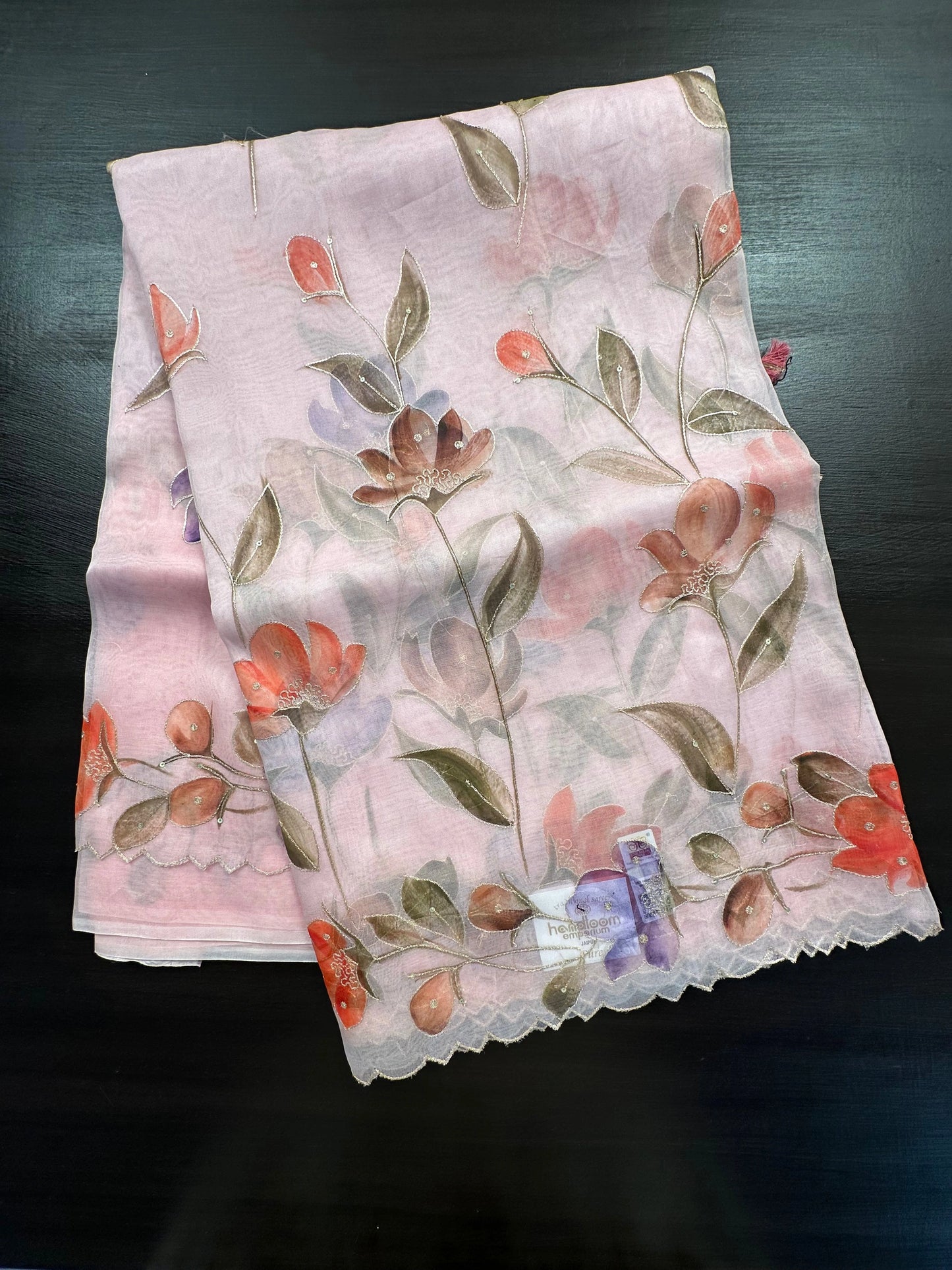 Baby Pink Floral Print Organza Saree