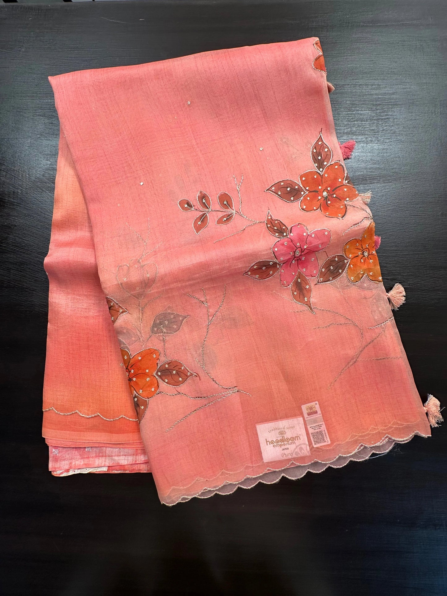 Peach Floral Print Organza Saree
