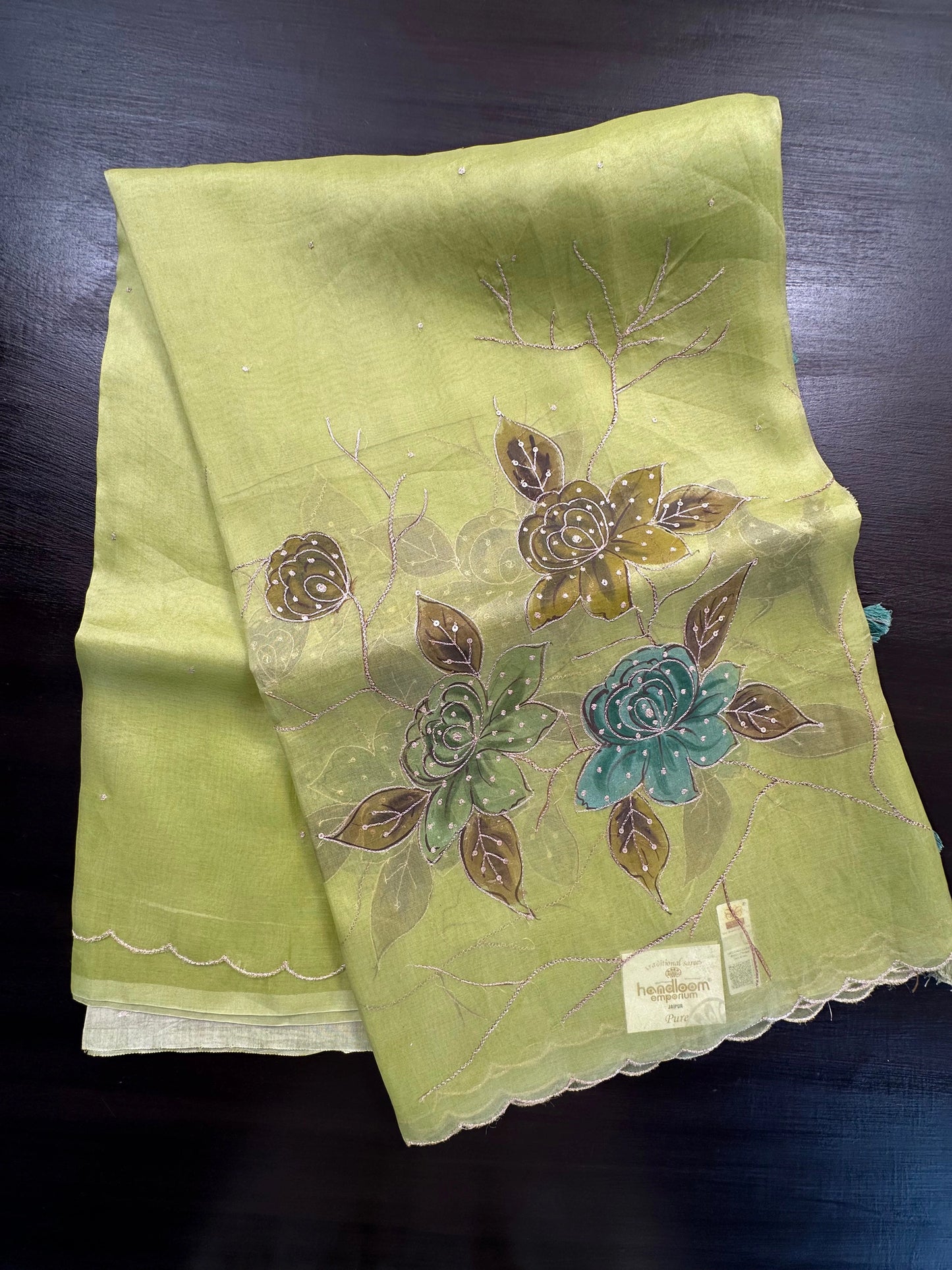 Green Floral Print Organza Saree