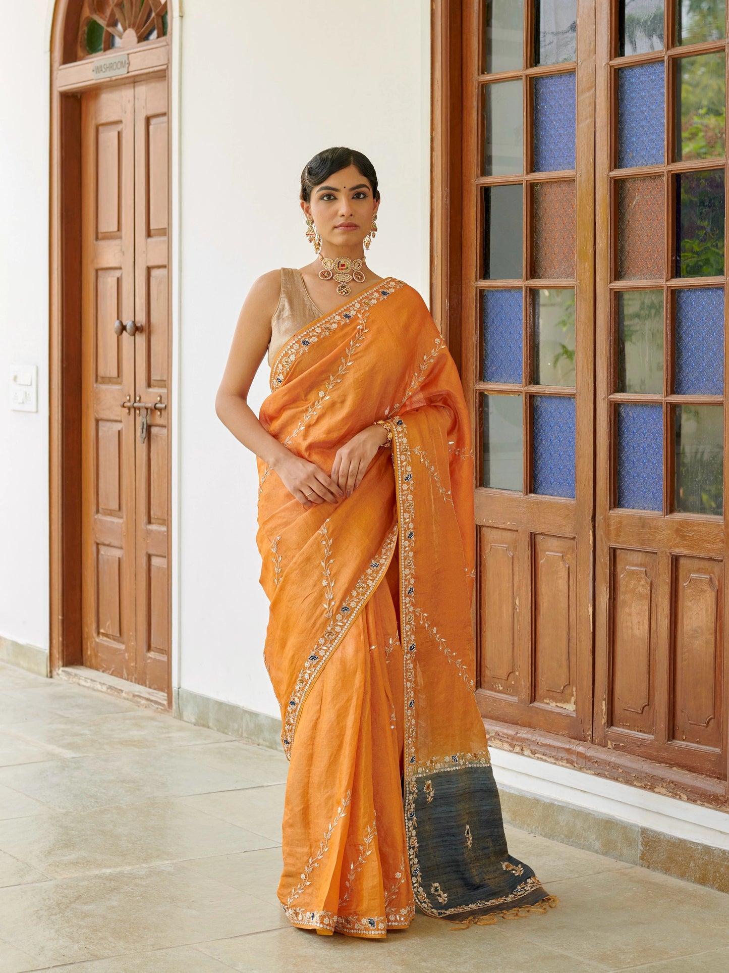 Mustard Tissue Saree With Zari Work Jaal