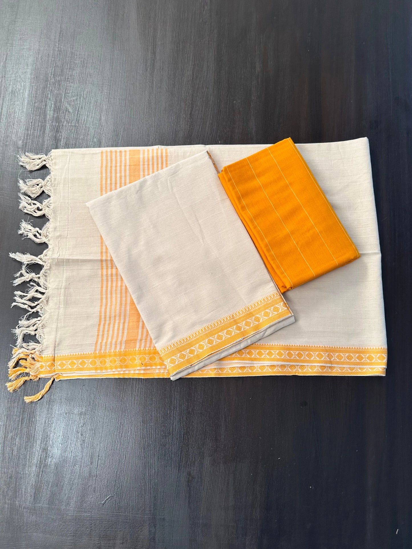 Beige-Mustard Mangalgiri Cotton Unstitched 3-Piece Suit