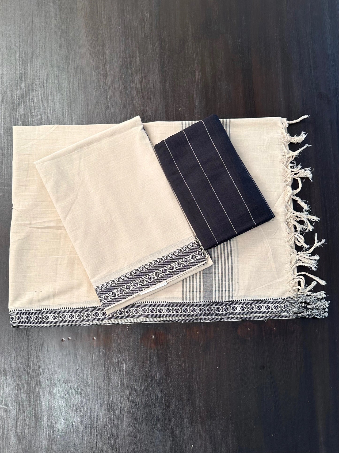 Beige - Black Mangalgiri Cotton Unstitched 3-Piece Suit