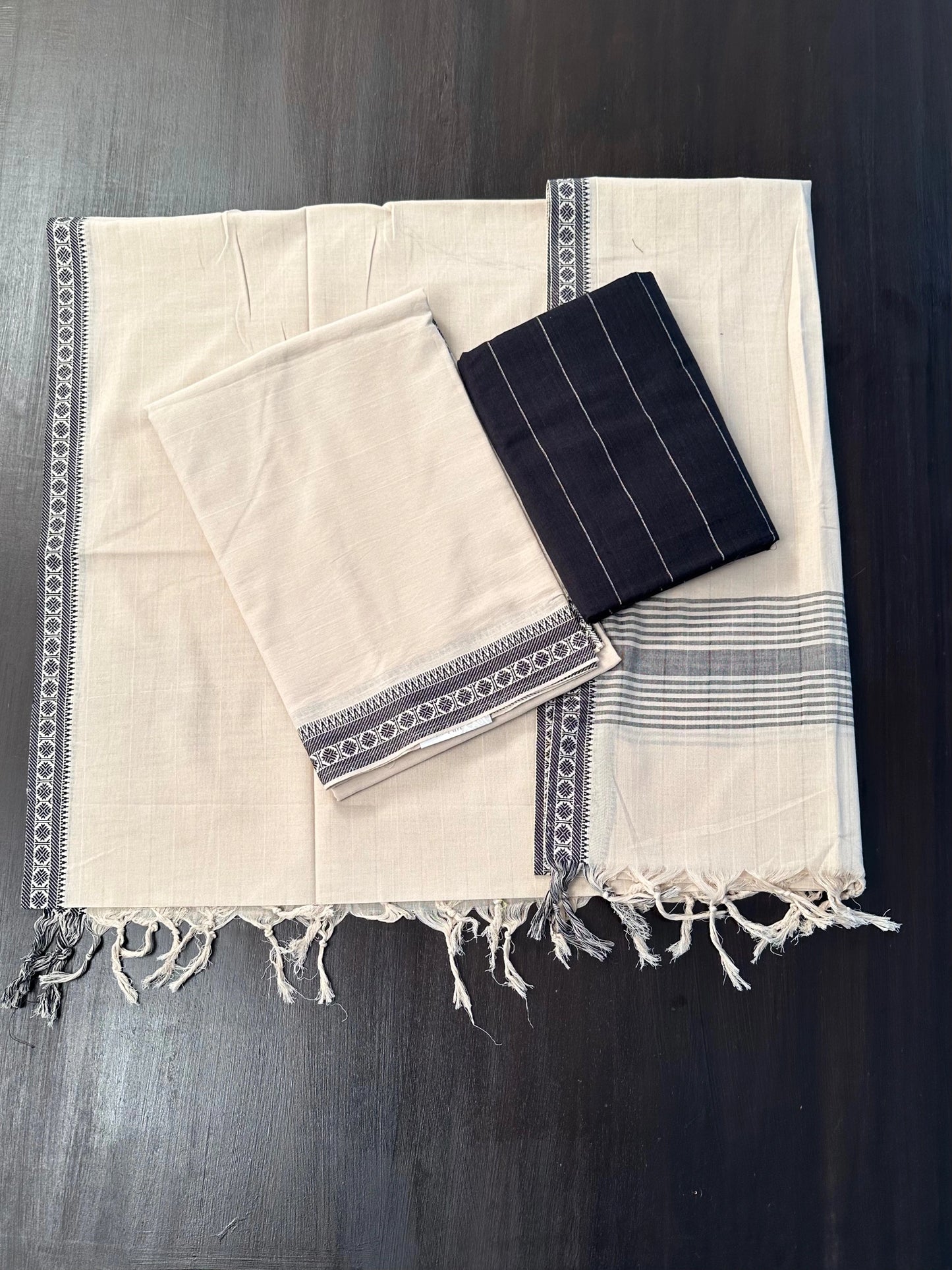Beige - Black Mangalgiri Cotton Unstitched 3-Piece Suit