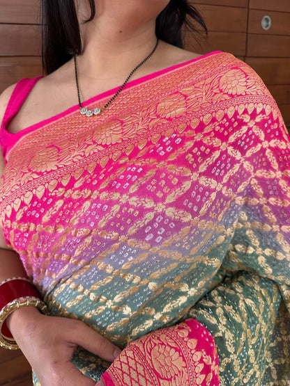 Grey-Rani Gharchola Bandhej Pure Georgette Saree