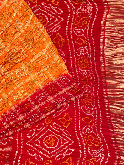 Mustard-Red Gharchola Bandhej Gajji Silk Saree