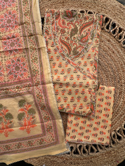 Yellow Angrakha Printed Cotton 3-Piece Suit