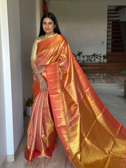 Peach Handloom Jamawar Pure Tissue Silk Saree