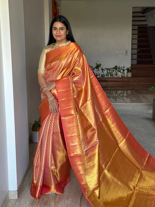 Peach Handloom Jamawar Pure Tissue Silk Saree