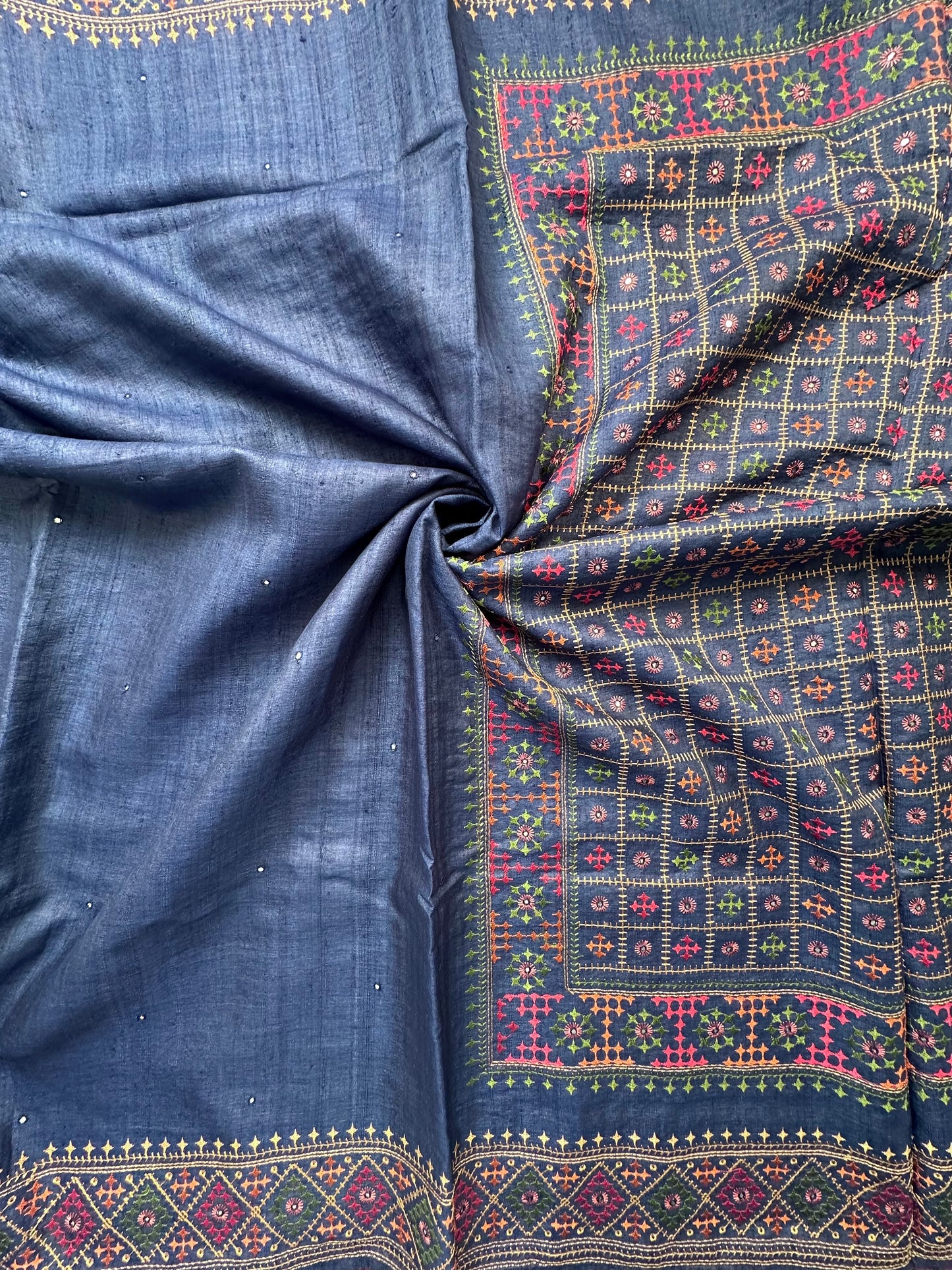 Navy Blue Pure Tussar Silk Saree With Embroidery