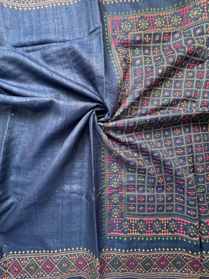 Navy Blue Pure Tussar Silk Saree With Embroidery