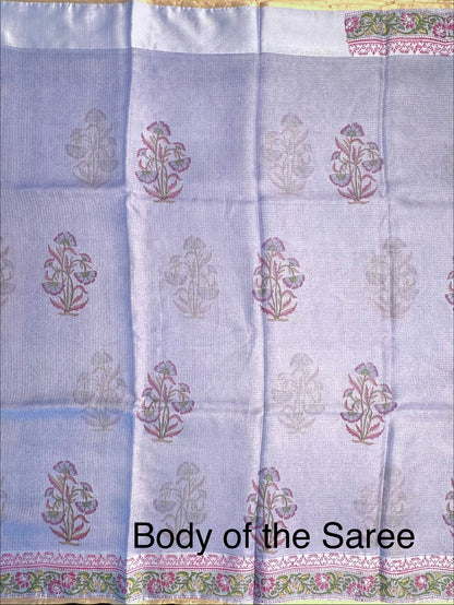 Blue Hand Block-Print Pure Kota Doria Silk Saree