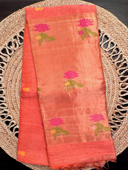 Peach Fancy Cotton Tissue Saree ( Linen Texture)