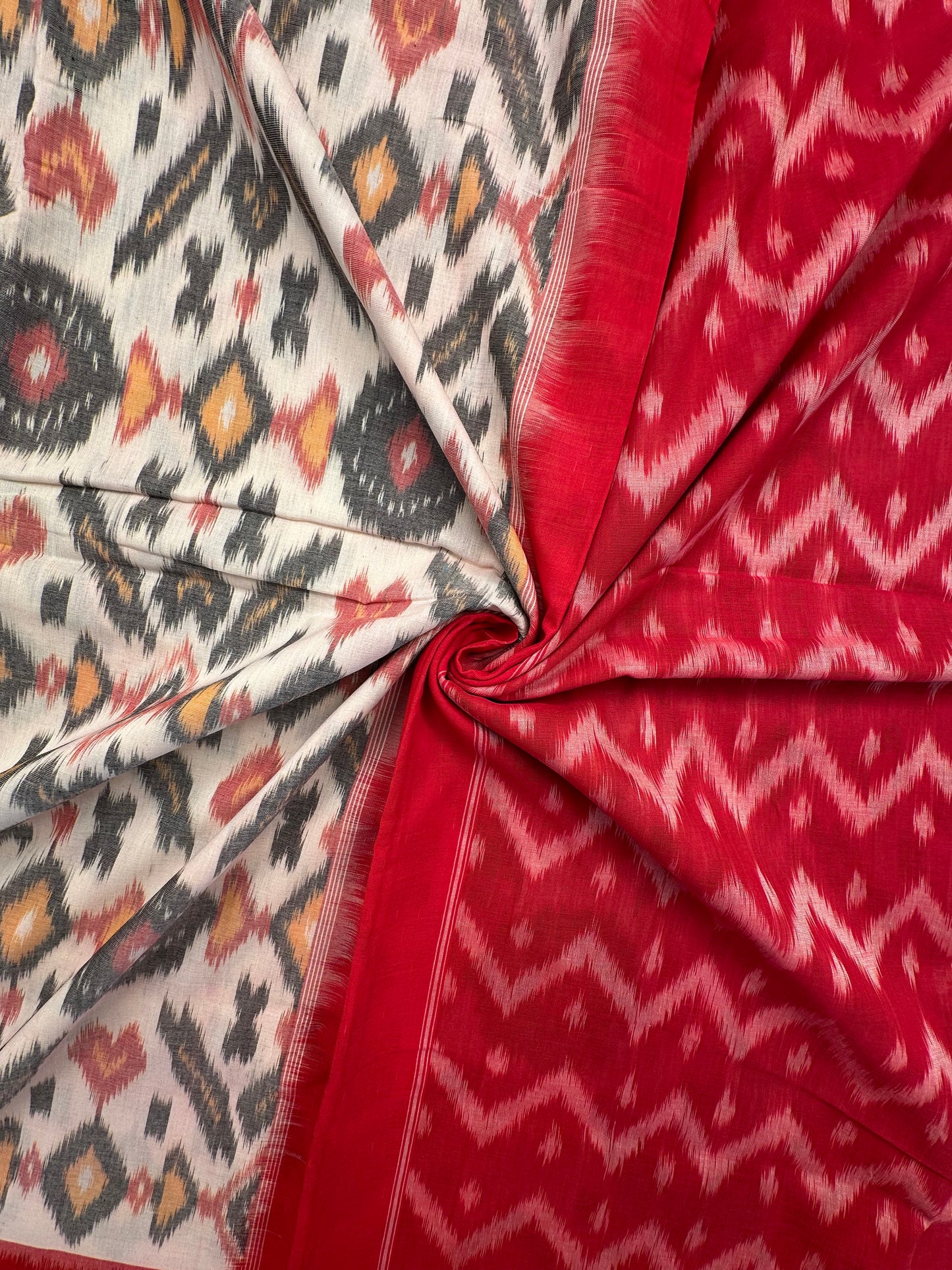 Off White-Red Ikkat Cotton Saree