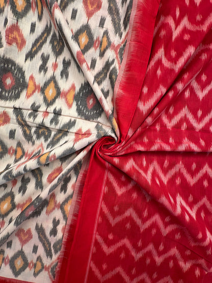 Off White-Red Ikkat Cotton Saree