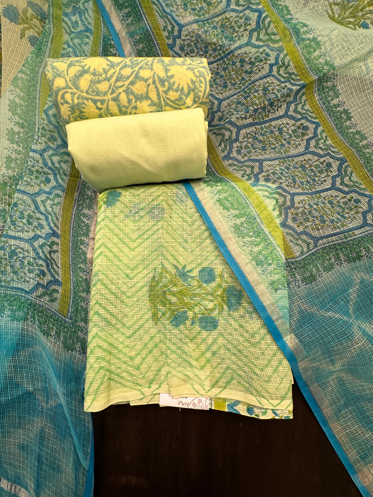 Parrot Green 4-Piece Kota Doria Cotton Unstitched Suit