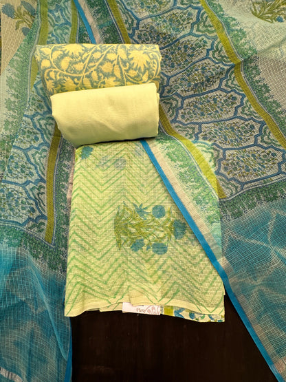 Parrot Green 4-Piece Kota Doria Cotton Unstitched Suit