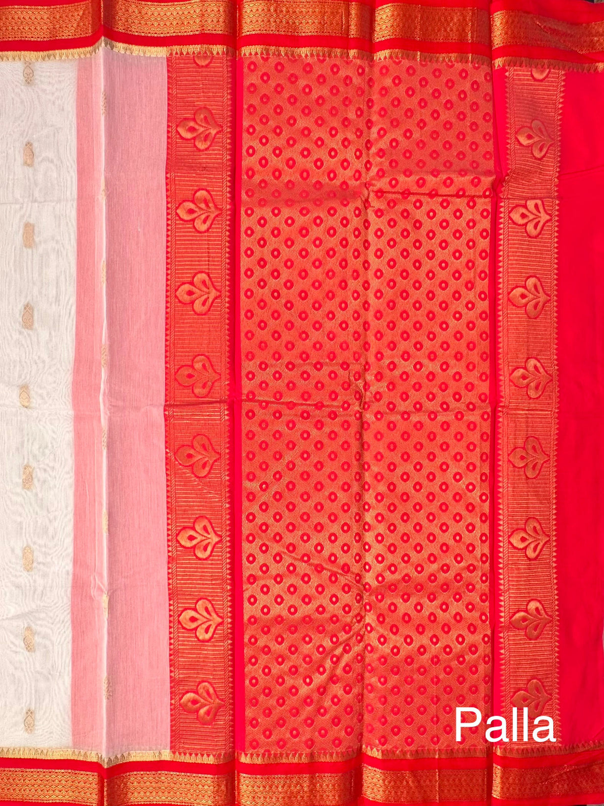 Off White-Red Doodh Aalta Pure Cotton Saree