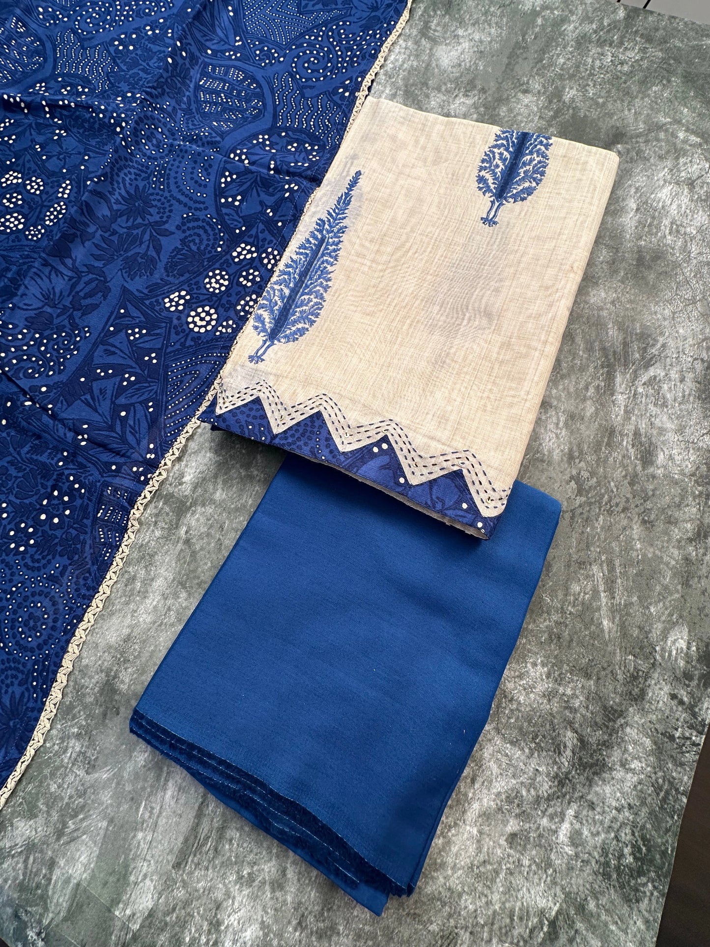 Beige-Blue Block Printed Fancy Cotton  Suit