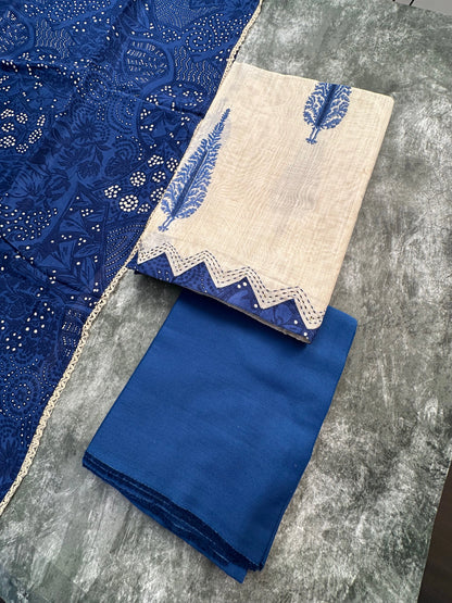 Beige-Blue Block Printed Fancy Cotton  Suit