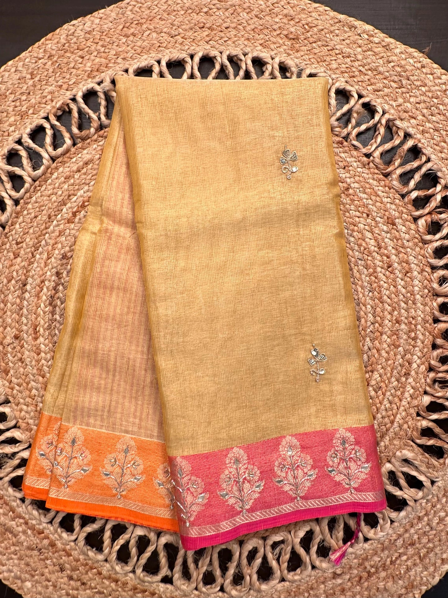 Mustard Hand Work Fancy Tissue Saree