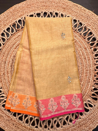 Mustard Hand Work Fancy Tissue Saree