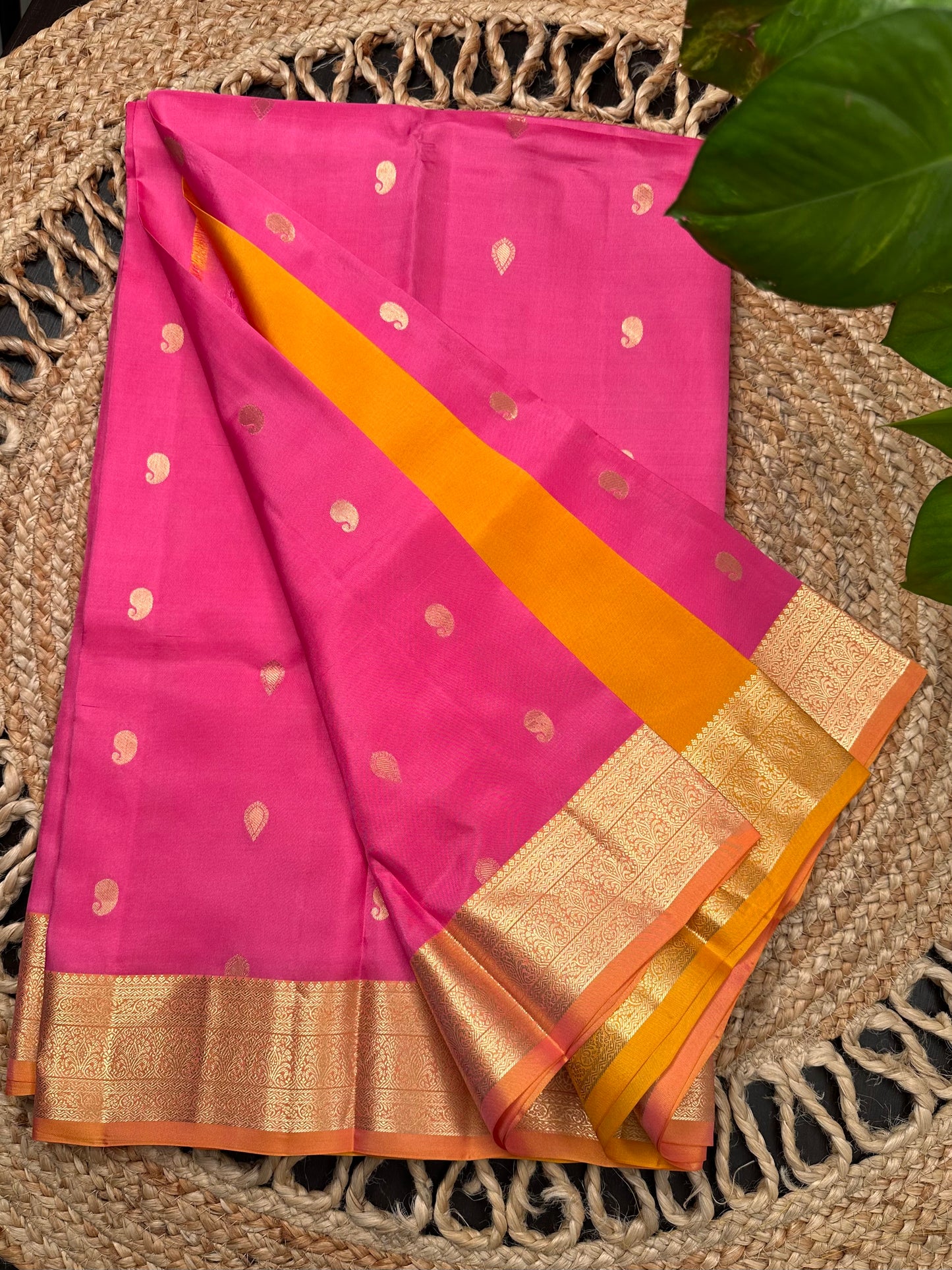 Pink-Mustard Pondicherry Pure Silk Saree