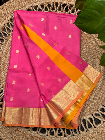 Pink-Mustard Pondicherry Pure Silk Saree
