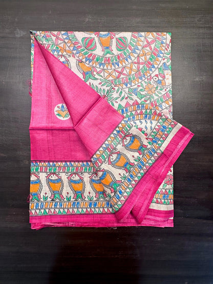 Rani Madhubani Art Pure Tussar Silk Saree