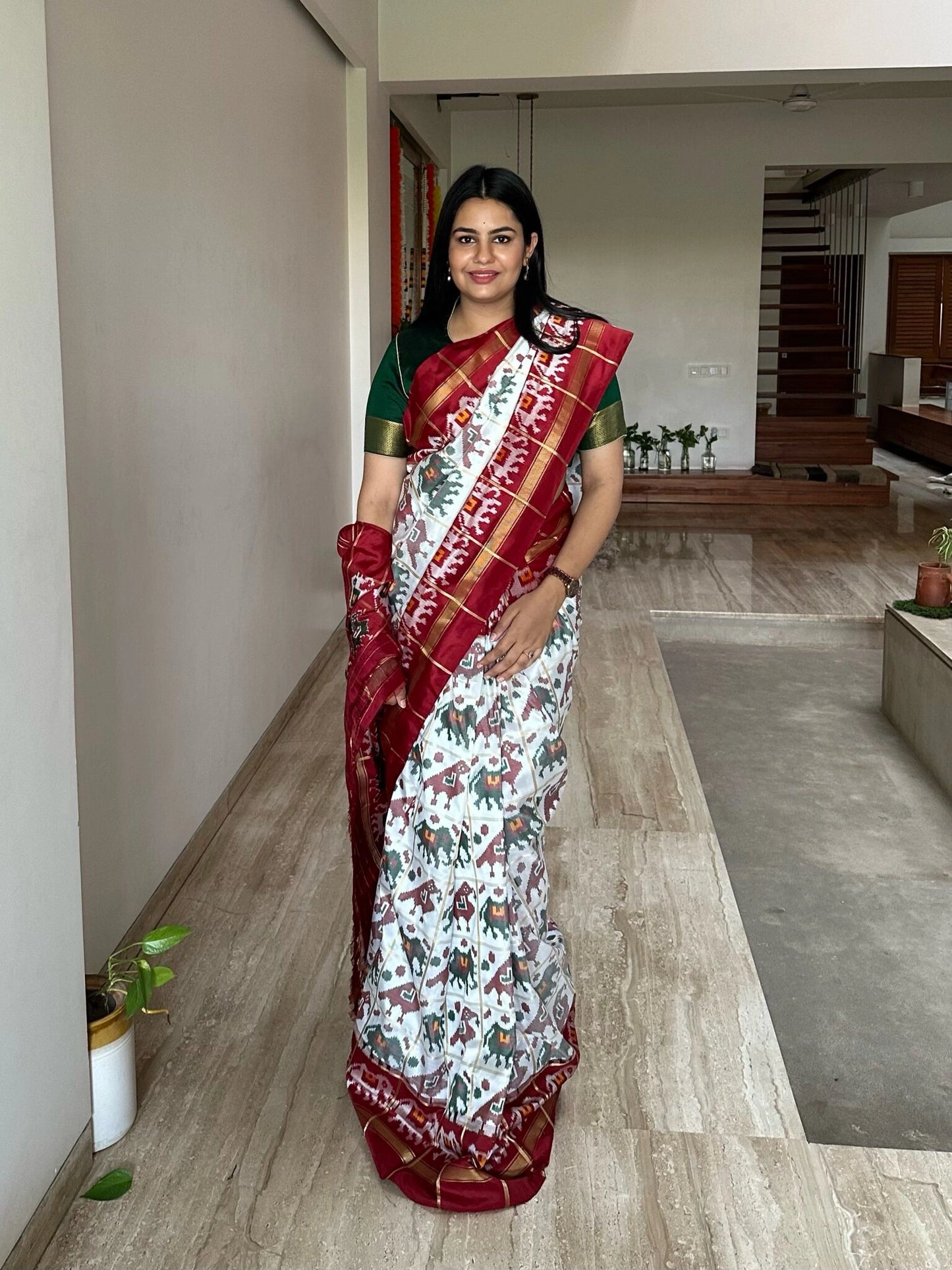 Off White-Maroon Patola Pure Silk Saree