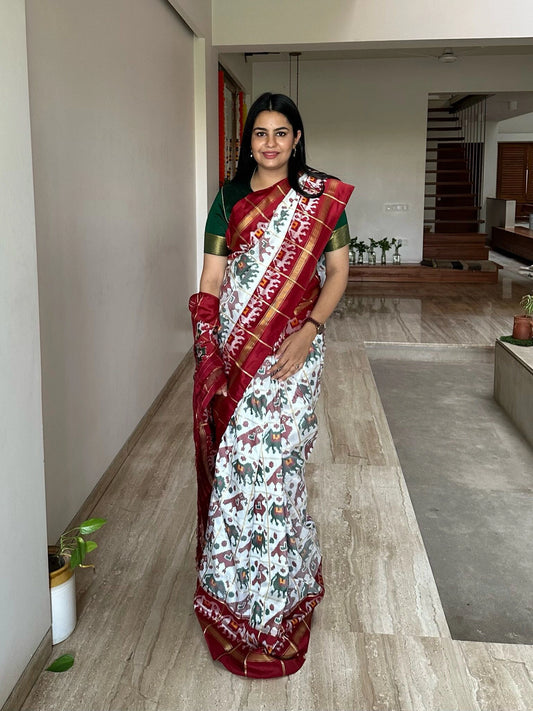 Off White-Maroon Patola Pure Silk Saree