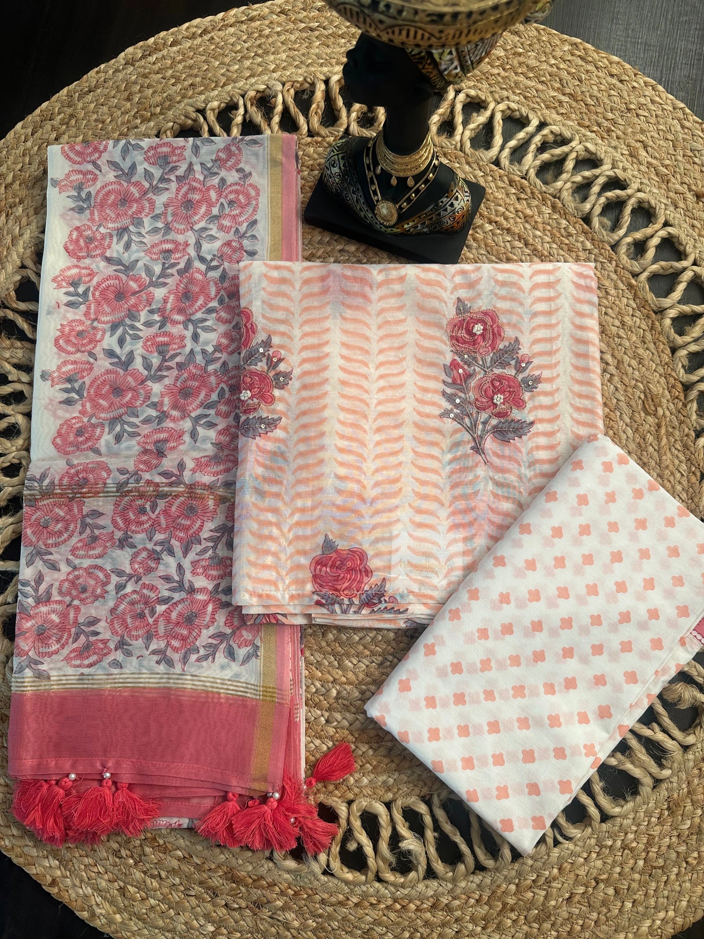 Off White-Peach Hand Block Printed Chanderi 3-Piece Unstitched Suit with Aari Work