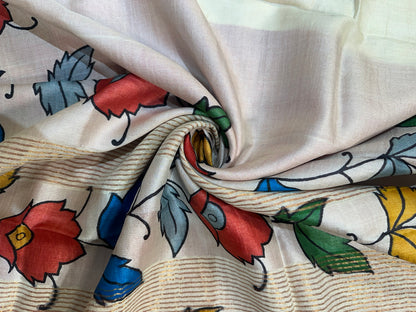 Off-White Floral Print Tussar Silk Saree